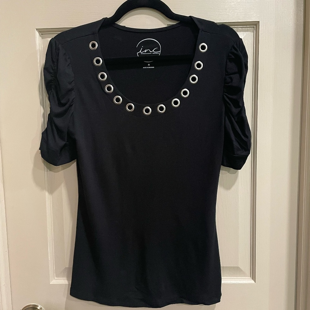 INC Black Ruched Sleeve Top with Silver Detail